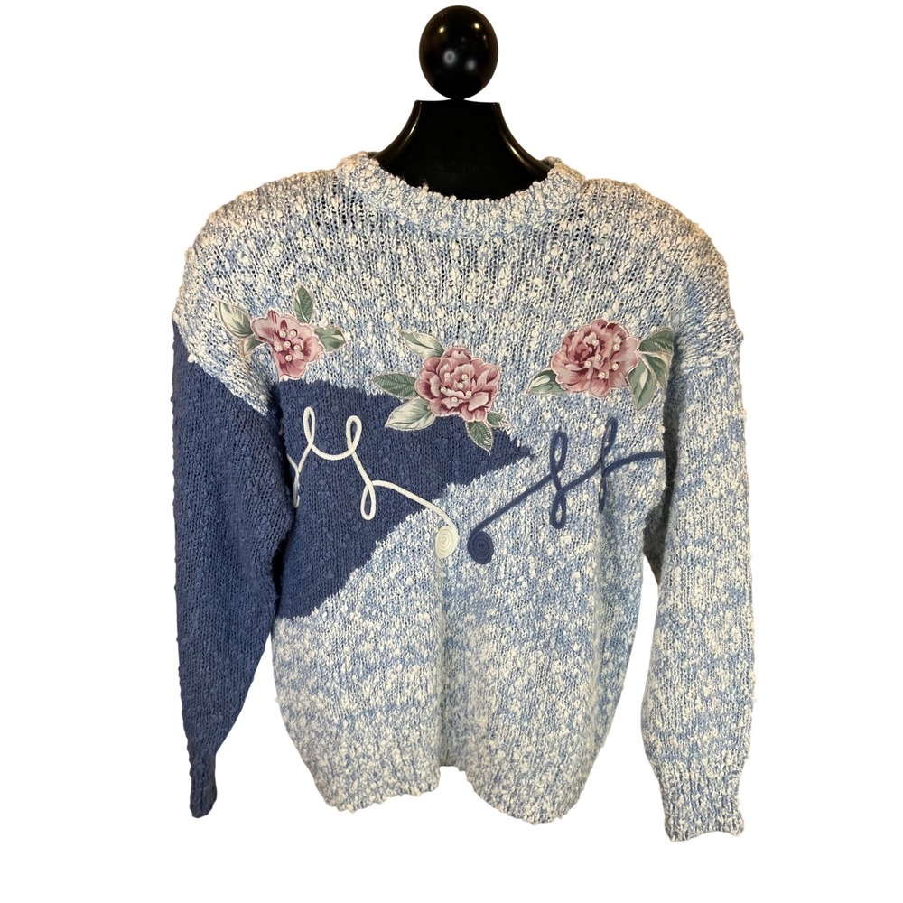 Hunters Glen Vintage Floral Applique Beaded Marled Knit Sweater Blue‎ Womens M